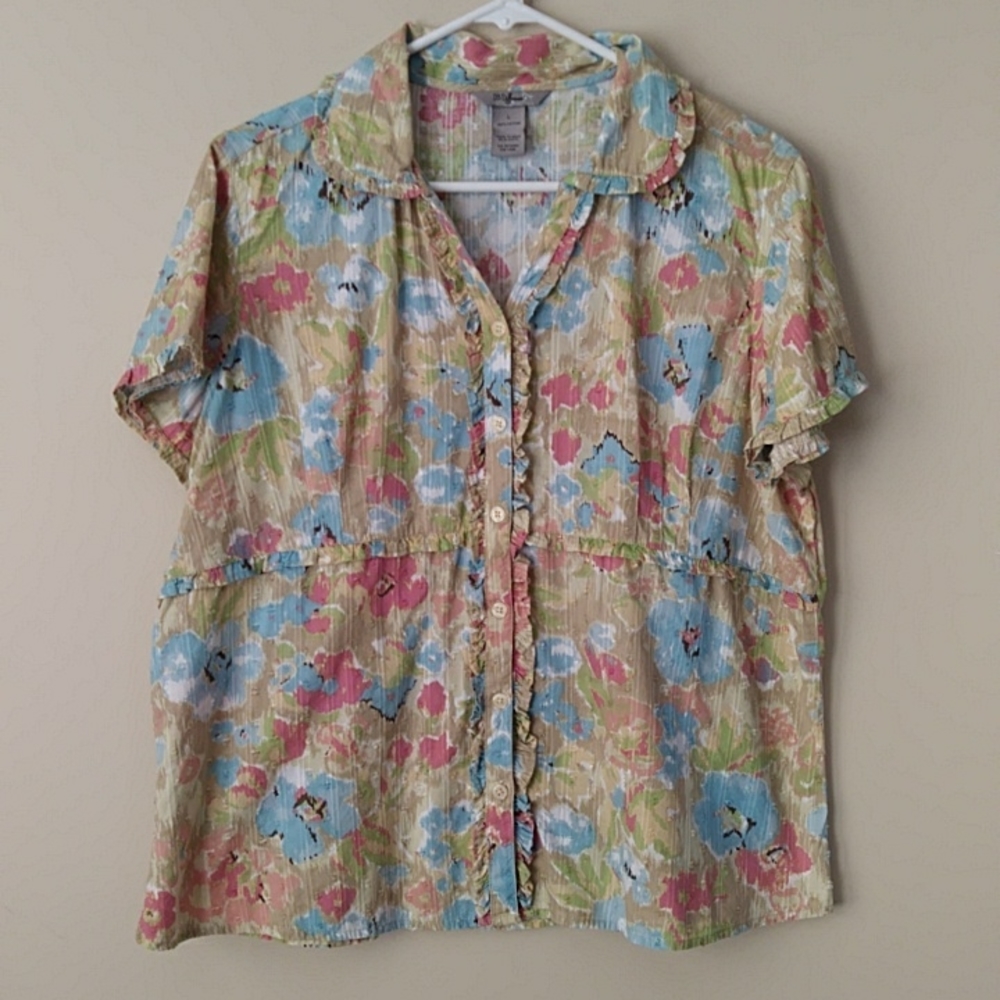 IB Diffusion Floral Ruffle Swiss Dot Button Down Top L Pink Mauve Blue